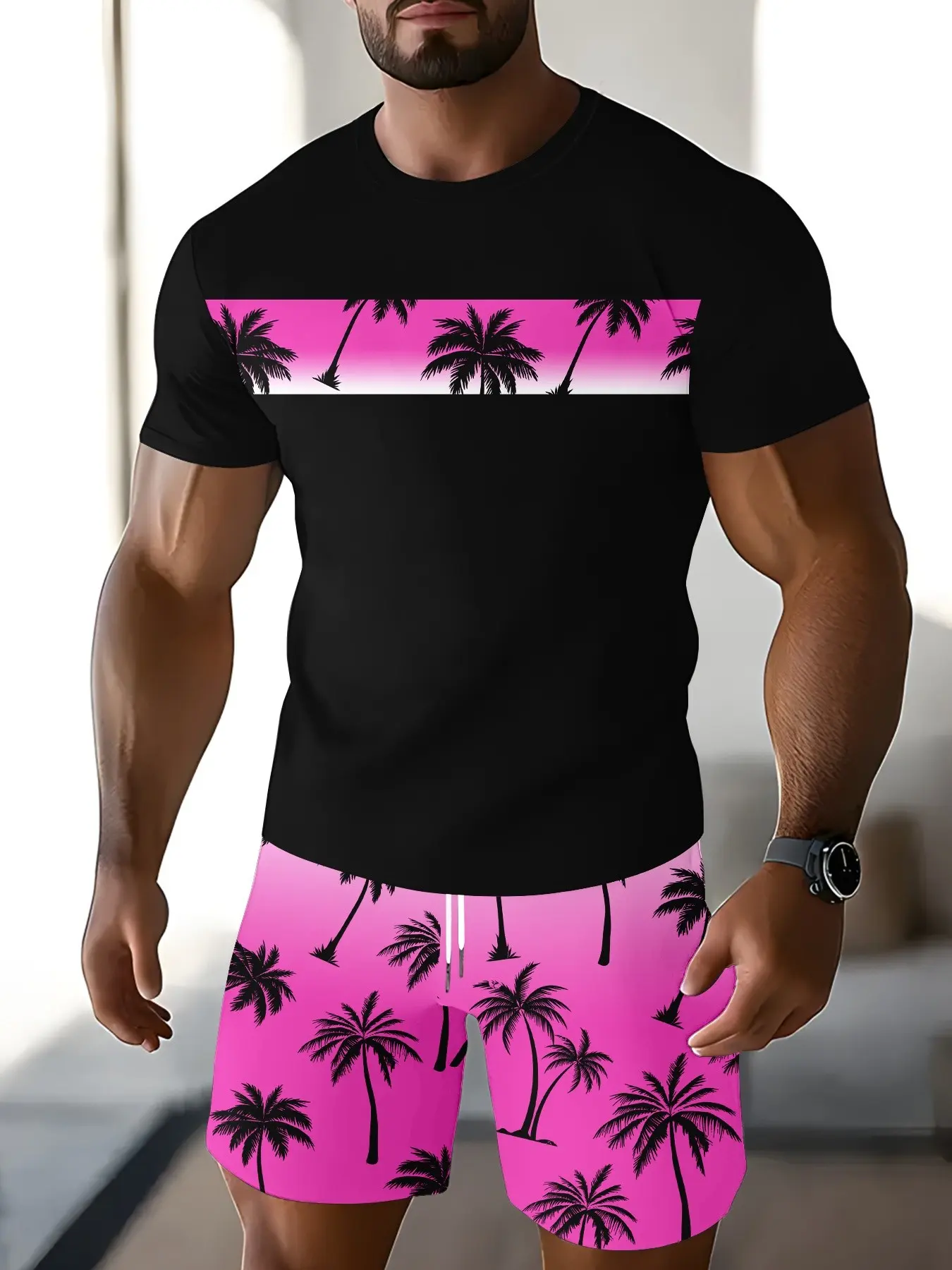 Men's Coconut Tree All-Over Print Short Sleeve Set, Casual Island Resort Style, Perfect for Beach, Street, Home, Running