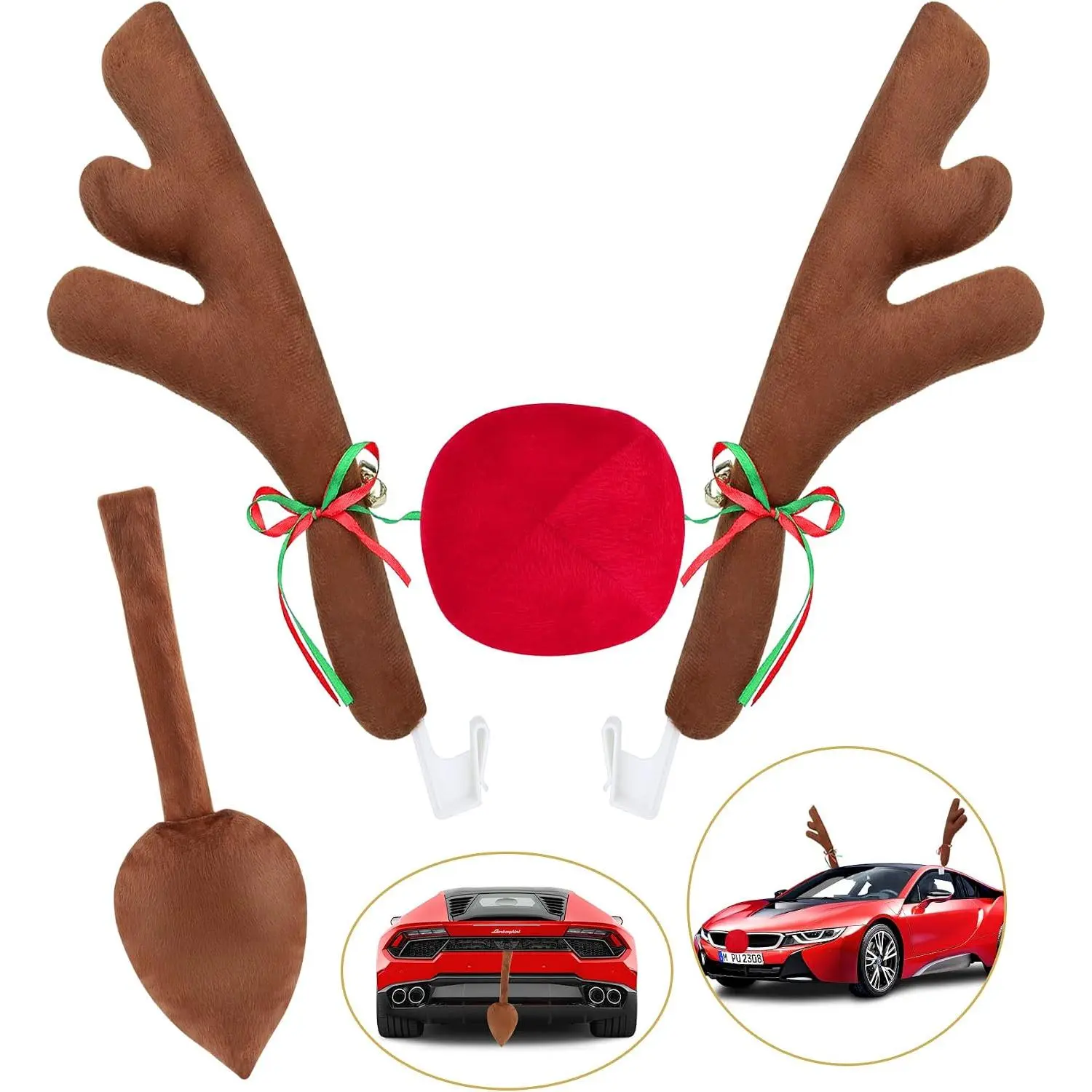 Upgraded  Reindeer Antler Kit Christmas Rudolph Auto Decorations, Rudolph Auto Accessories with Tail, Nose - Add Holiday Spirit