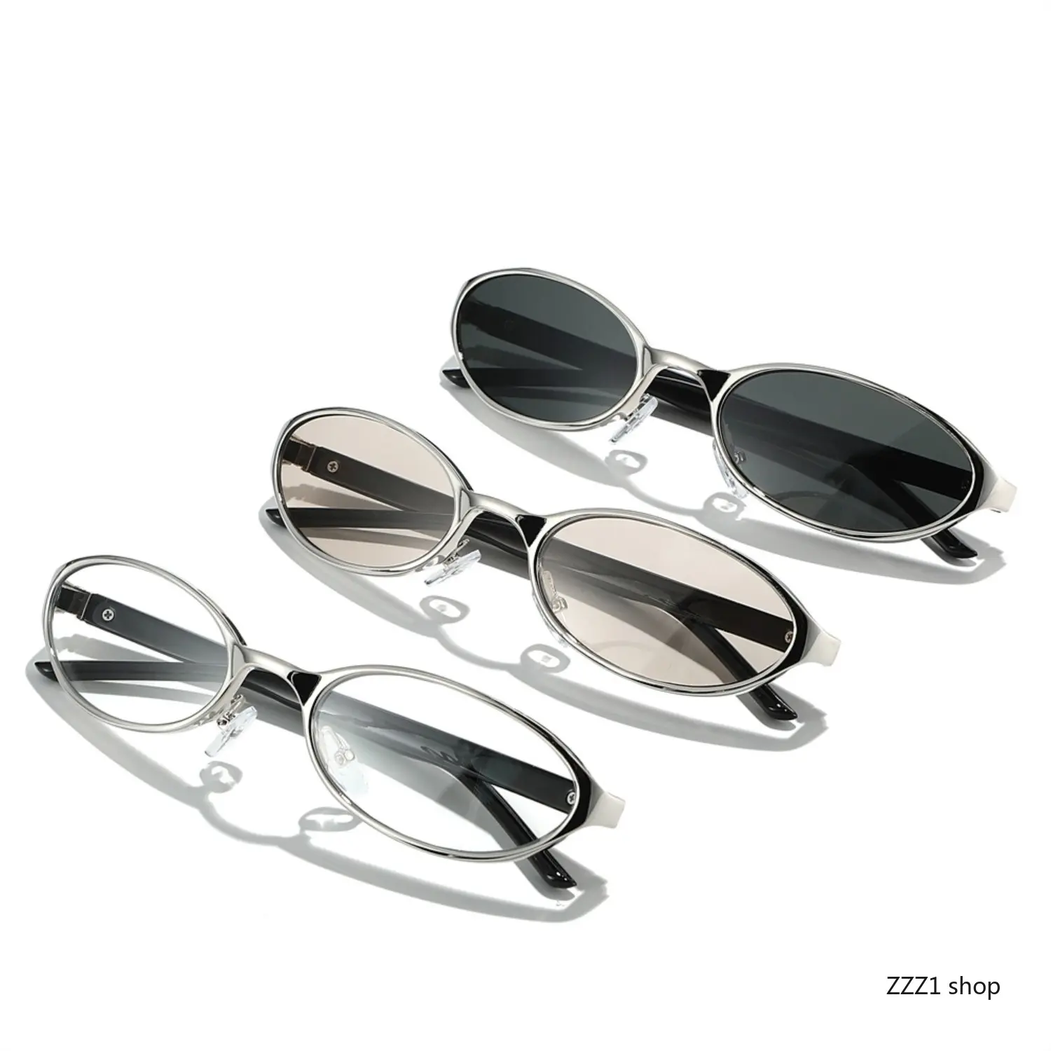 Y2K Metal Oval Sunglasses for Women Men Silver Frame Light Tinted Lens Sun Glasses Vintage 90s Small Trendy Eyewear Cyberpunk Festival Outfit