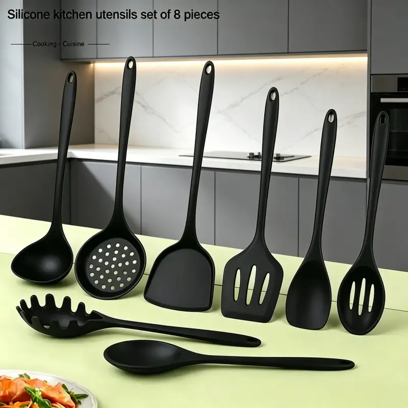 8 Pack Black Silicone Cooking Utensils Kit, Non-Scratch Heat Resistant Spatula Ladle Set, Practical Kitchen Gadgets for Apartment New House Kitchen Preparation