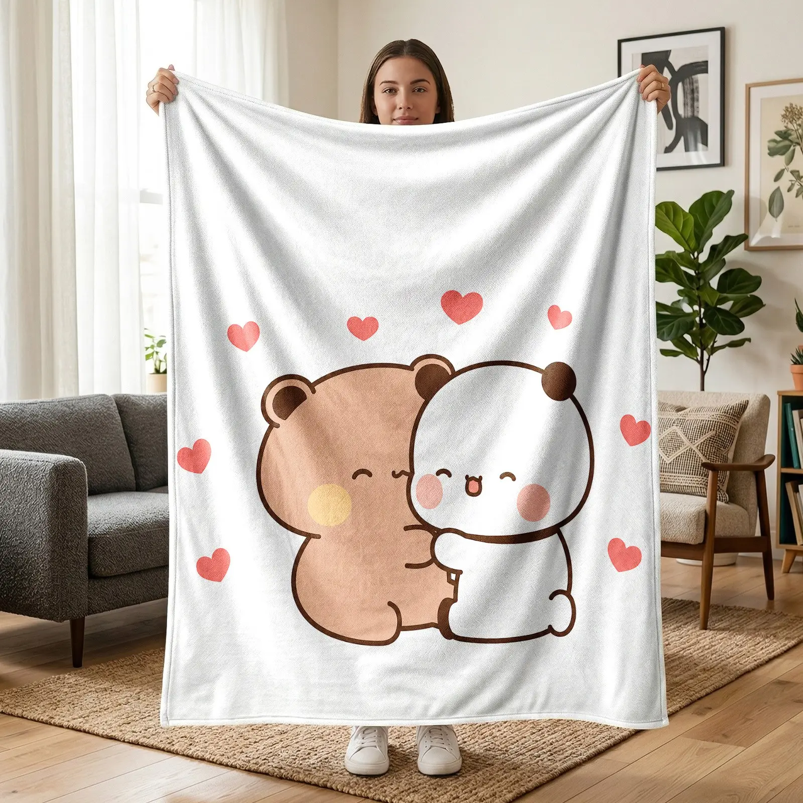 1pc Hugging Bear Panda Heart Simple Print Fleece Blanket, Pure White Background Cartoon Brown Bear & Panda Hug With Red Hearts Minimal Line Pattern, Sweet Healing Illustration Fan Soft Style, Multiple Styles Available. Soft Warm Cozy Nap Throw, Multi-use