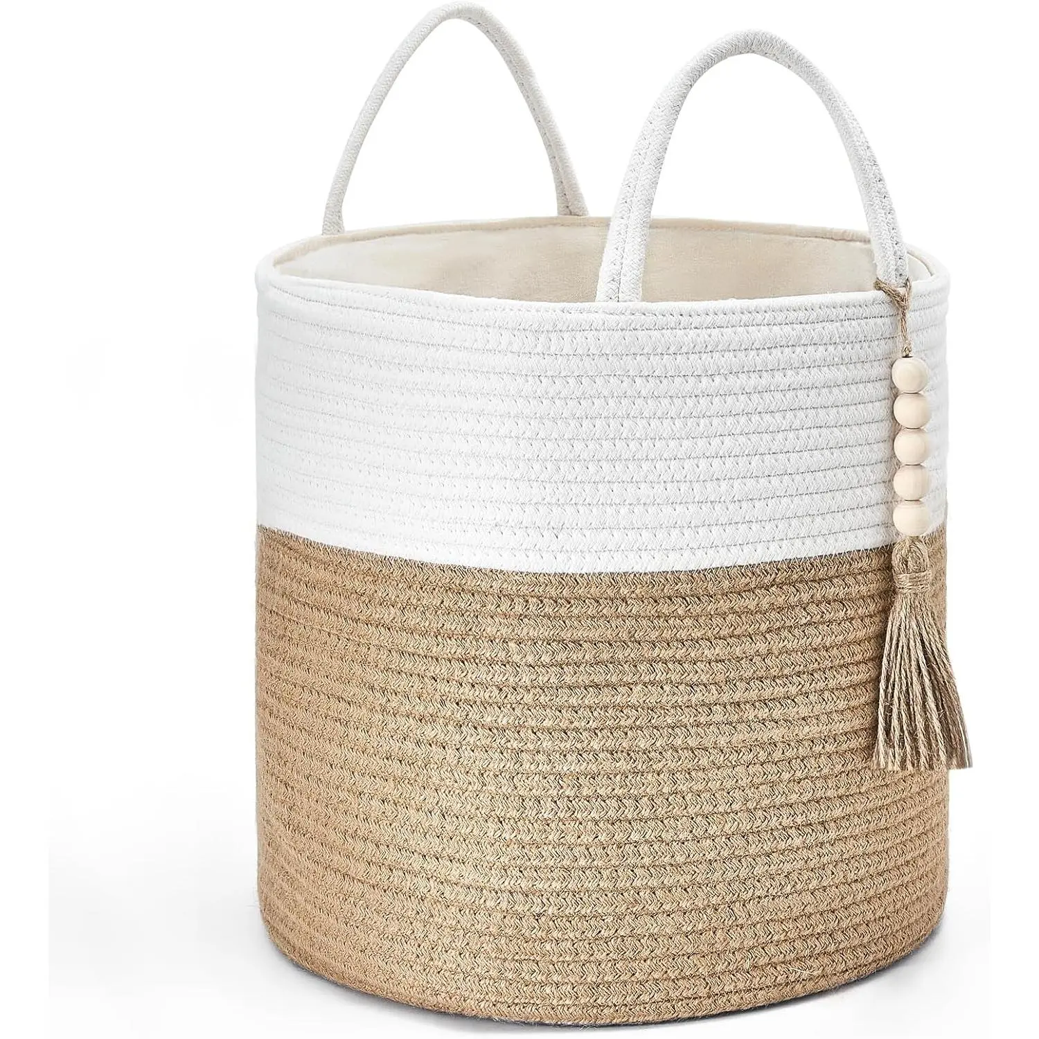 Woven Storage Basket for Blanket, Toys  Organizer, 11"W x 11"L | Cream White and Brown, Decorative Basket with Handle,  Beads Tassel, Shoes Towel Storage Bin, Living Room Bedroom