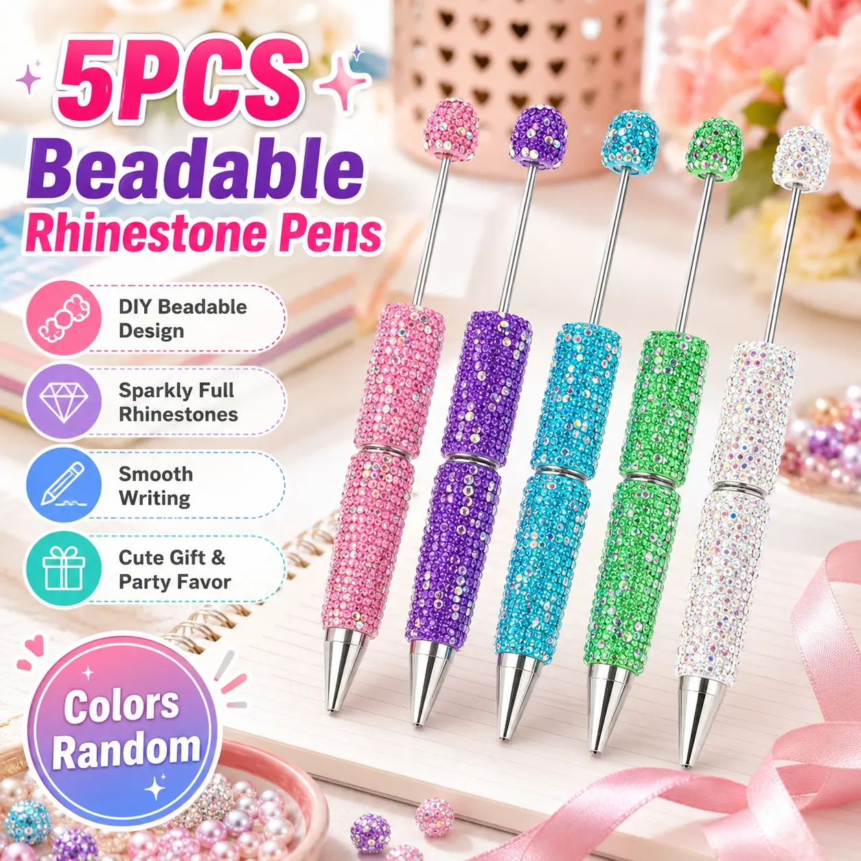 5Pcs Glitter Beadable Pens Rhinestone Fancy Ballpoint Pens Multicolor Random Colors, Cute Bling DIY Bead Pens for Journaling, Handmade Craft, Planner Writing, Office School Supplies, Party Favor Gift Pens for Women Girls Teachers Students
