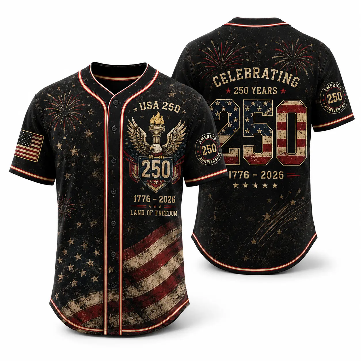 Patriotic USA 250th Baseball Jersey for Men Women, Black Vintage 1776–2026 Button Up Shirt with Eagle Torch Flag Graphic Print, Celebrating 250 Years Design, Lightweight Polyester 4th of July Summer Holiday Streetwear Top，clothes, outfits, men's wear