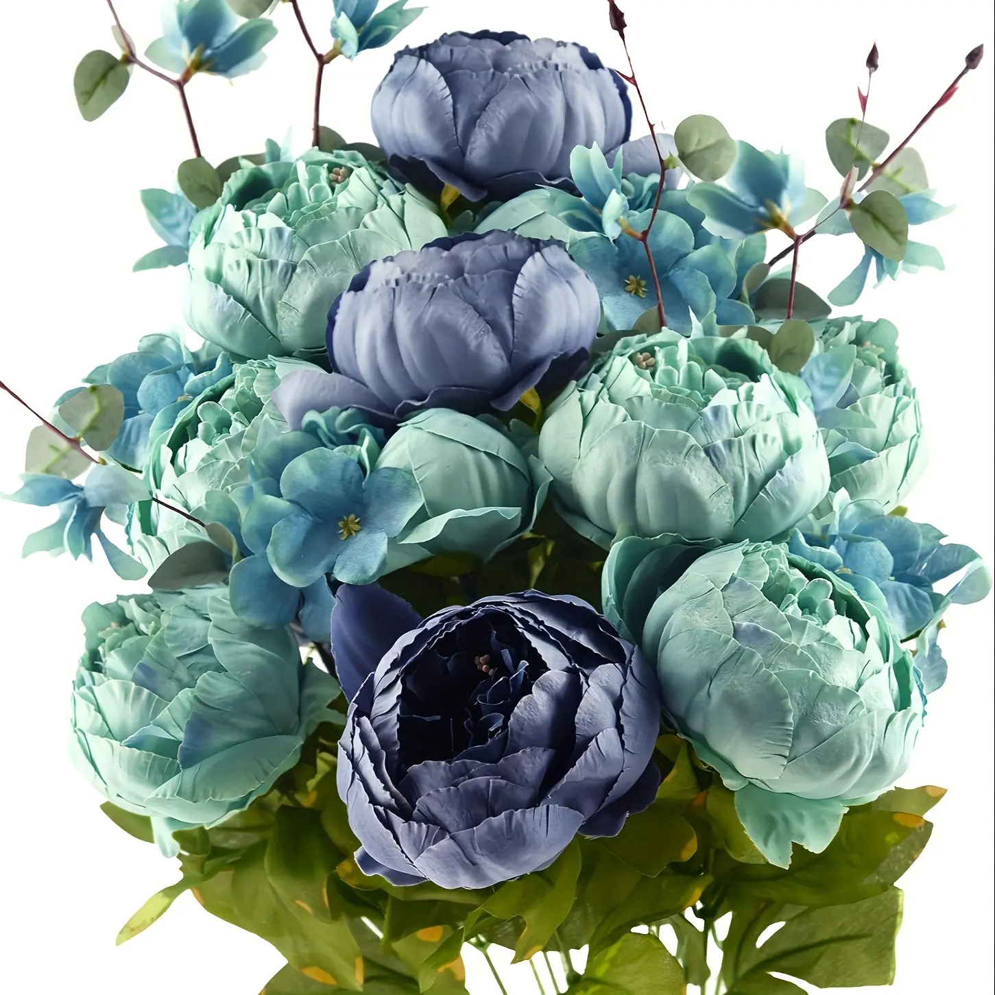 1pc Decorative Silk Grey Blue Peony Bouquet - Real Touch Artificial Peonies with 6 Blooms + 2 Buds, Blue-Green Gradient, Bendable Wire Stems for Wedding Centerpieces, Home Floral Arrangement, Floral Decor