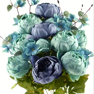 1pc Lifelike Peony Flower Bouquet - Real Touch Artificial Peonies with 6 Bloom + 2 Bud, Blue-Green Gradient, Bendable Wire Stems for Wedding Centerpieces, Christmas Decor, Home Office Outdoor Party Floral Arrangement, Flower Garland, Holiday Decorators
