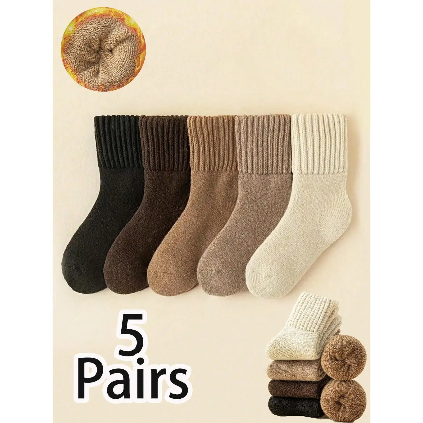 Women's Winter 5-Pair Mid-Calf Calf-High Crew Socks, Vintage Fuzzy Look Thick Knit Warm Soft Wool Casual, Cold-Day Warmth-Trapping, Machine Washable for Everyday Wear