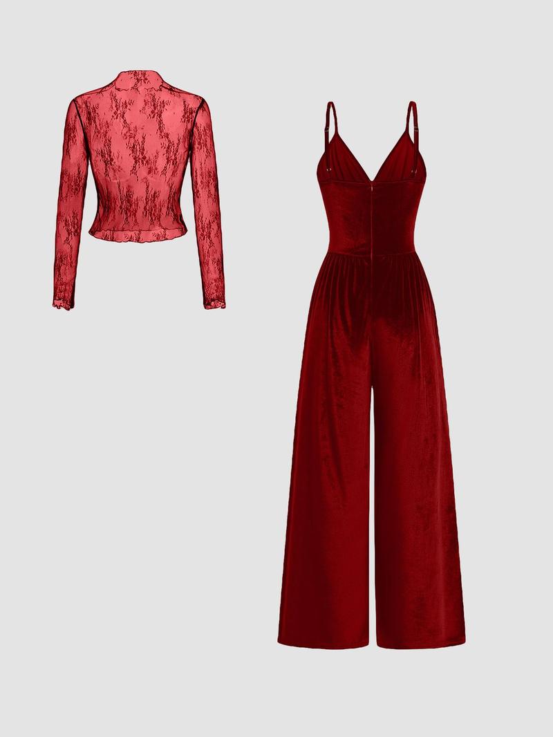 Women's Solid Lace Tee & Pocket Overalls Jumpsuit Set, Elegant Zipper Back Cami Jumpsuit & Long Sleeve Top for Daily Outdoor Wear, Women's Clothing for Spring & Fall, Matching Set Outfit, Womenswear