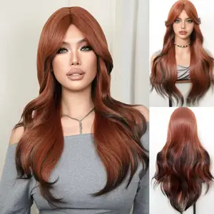 26 Inch Natural Root Shadow Auburn Red Brown Ombre Loose Big Wave Layer Wig With Curtain Bangs, Glueless Heat Resistant Synthetic Wig for Women Daily Party Street Photoshoot Outfit
