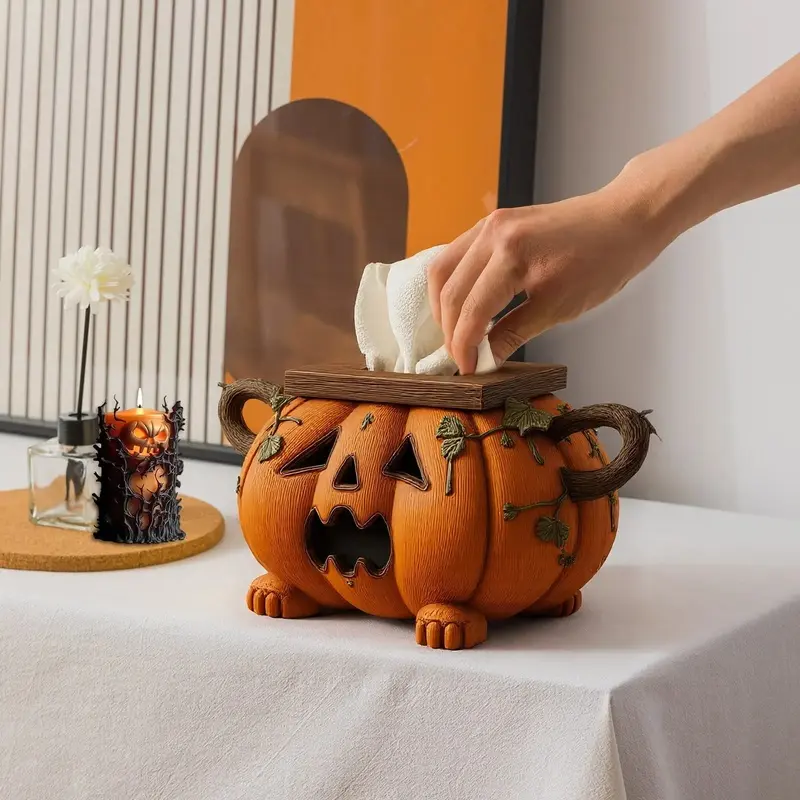 Halloween Pumpkin Tissue Box Cover, Scary Eerie Resin Paper Towel Holder with Creepy Eyes, Cartoon Pumpkin Storage Box, Spooky Home Bathroom Kitchen Counter Decor