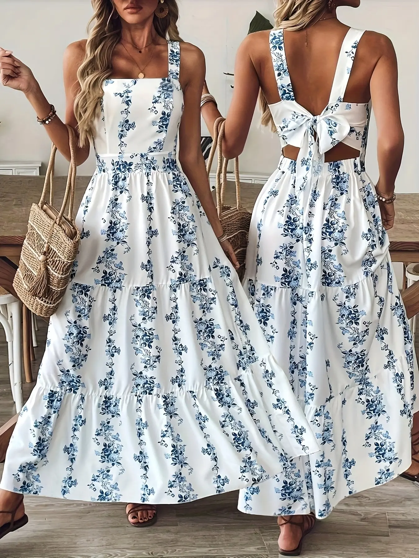 European Vintage Unique Design Sleeveless Print Vacation Dress, Slim Fit Waist Tie Belt, Highlights Fair Skin Tone, Stylish and Comfortable
