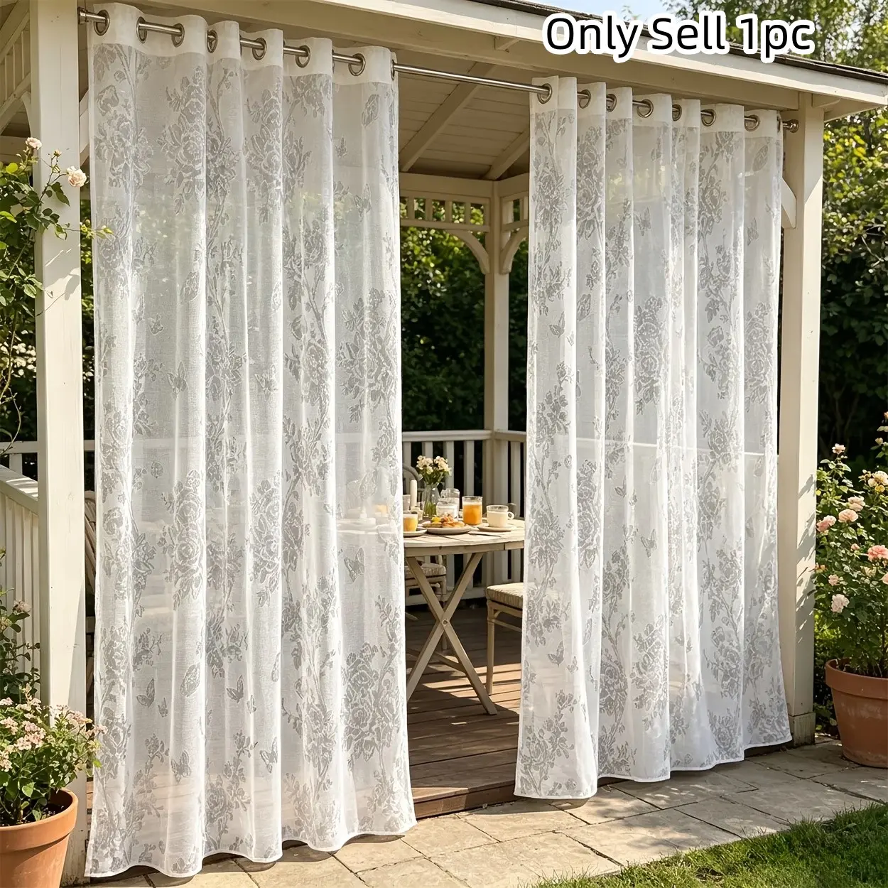 1pc Butterfly Floral Lace Curtain, Transparent Drapes with Top Grommets, Ideal for Outdoor Gazebos, Patios, Porches, Minimalist Style, Gazebo Curtains
