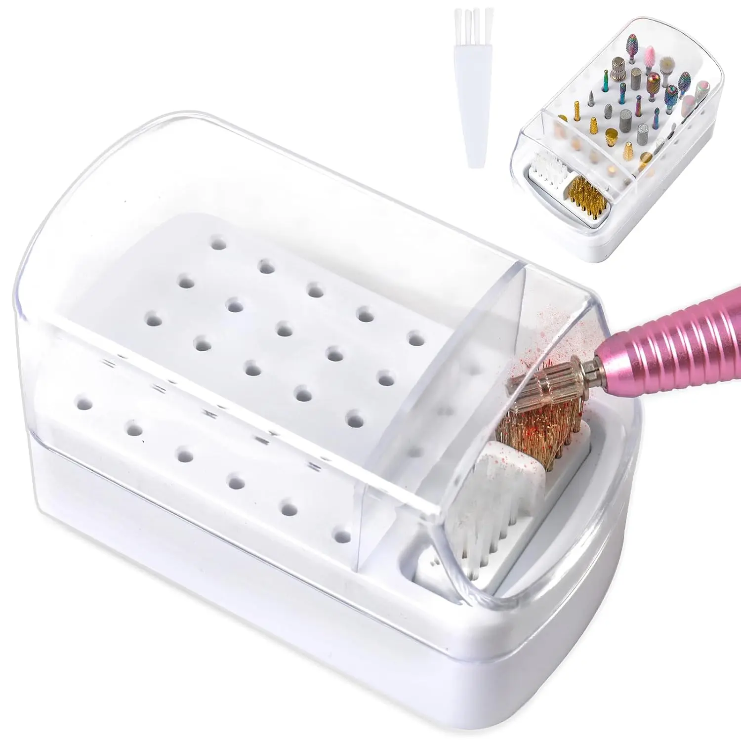 2 in 1  Drill Bits Holder & Cleaner, 30 Holes,  Storage Box, Includes 3 Cleaning Brushes, White,  Plastic,   Set, Kit