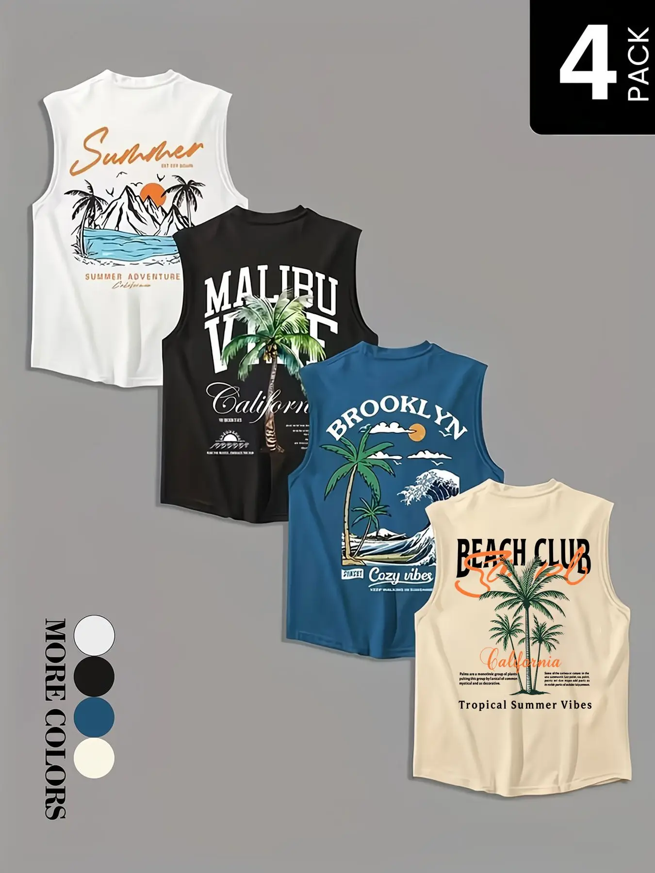 Hawaiian Tropical Palm Wave Print Sleeveless Tank Top Set for Men, Casual Loose Fit American Vintage Summer Essential, 4-Piece Pack