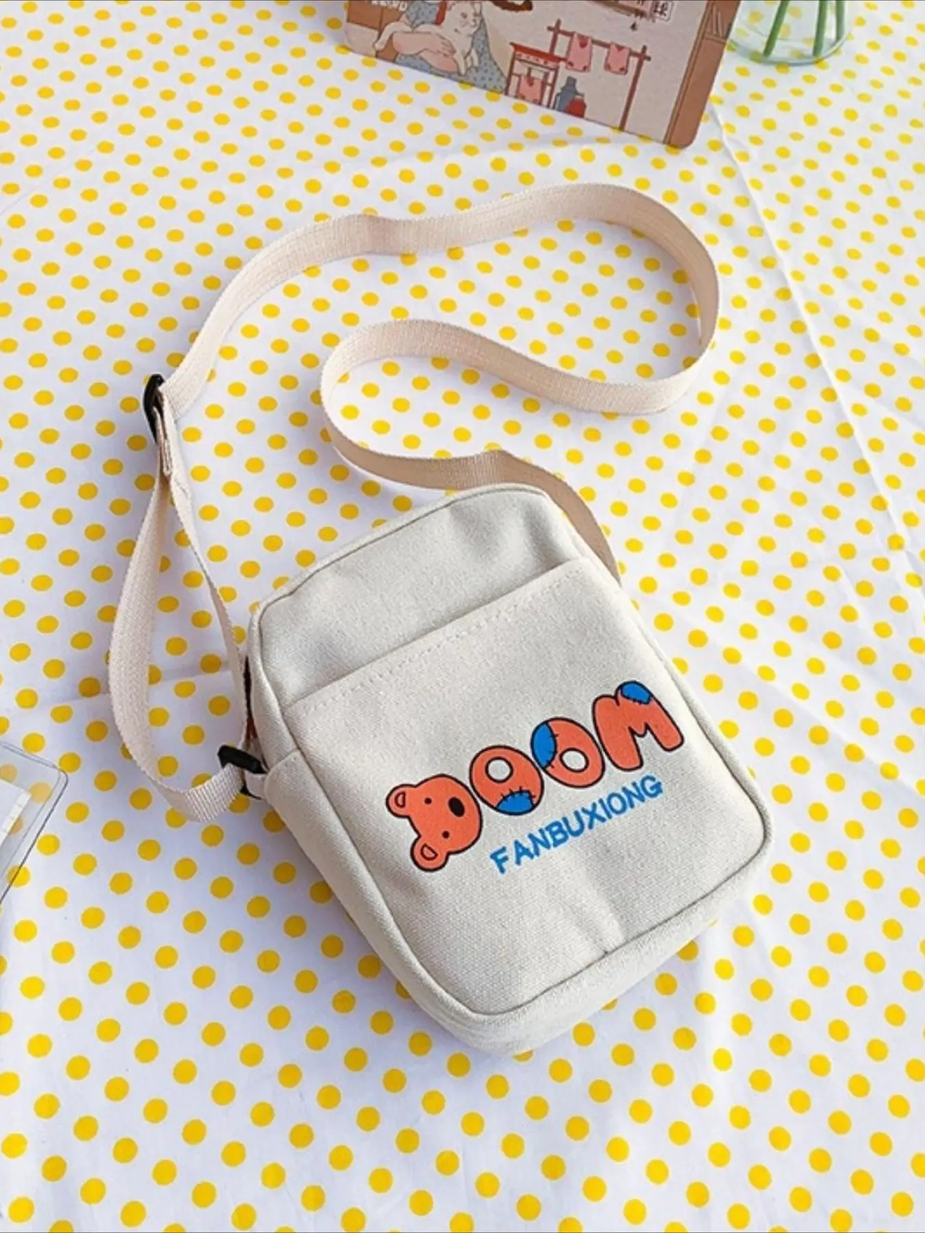 Cartoon Bear Letter Embroidery Canvas Crossbody Bag, Lightweight Mini Shoulder Bag for Students, Cute Phone and Coin Pouch