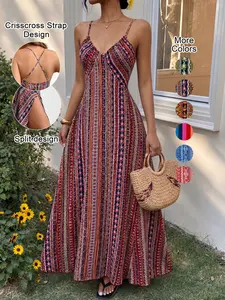 Women's Printed Split Long Sleeveless Dress, Classic Stripe Design, Backless Criss Cross Strap, Spring Summer Fall Wear, Casual Boho Elegant Bohemian Style Womenswear, Boho Summer Dresses