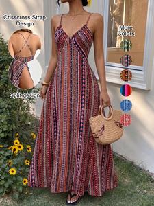 women's ethnic pattern criss cross backless cami dress, casual boho fashion spaghetti strap long sundress for beach, ladies summer clothes, slip dress, bohemian womenswear, boho earthy girl clothes