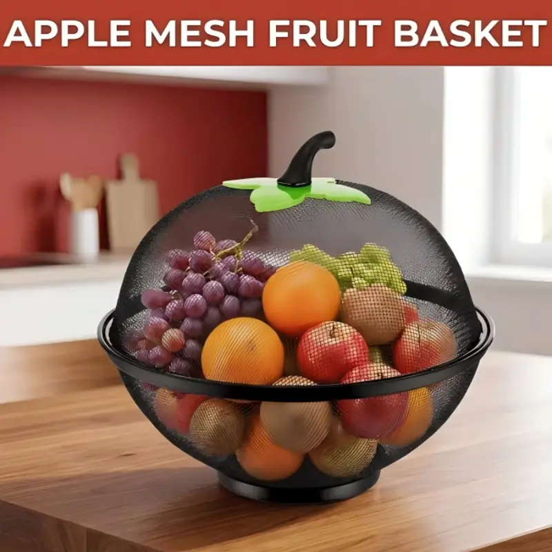 Apple Shape Fruit Basket with Mesh Cover, Reusable Kitchen Organizer, Ventilated Hanging Hole, Ideal for Fruits Vegetables Camping Christmas Decor, Mesh Fruit Basket with Lid
