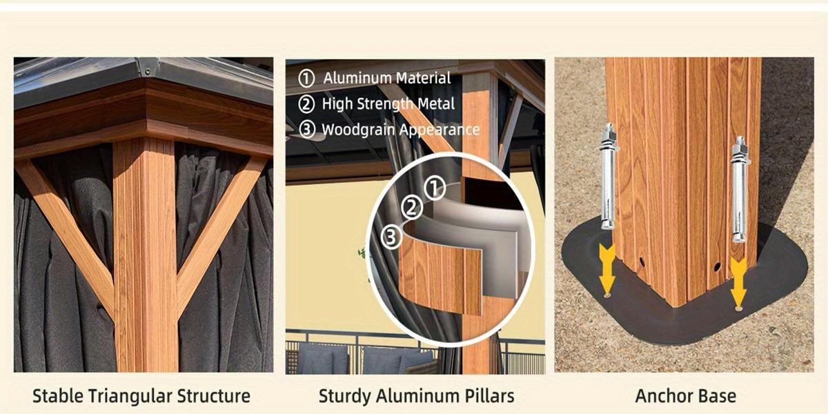 12'×20' Hardtop Gazebo, Faux Wood Grain Aluminum Outdoor Gazebo, Vertical Stripe Polycarbonate Double Roof, Curtains and Netting, Permanent Gazebo