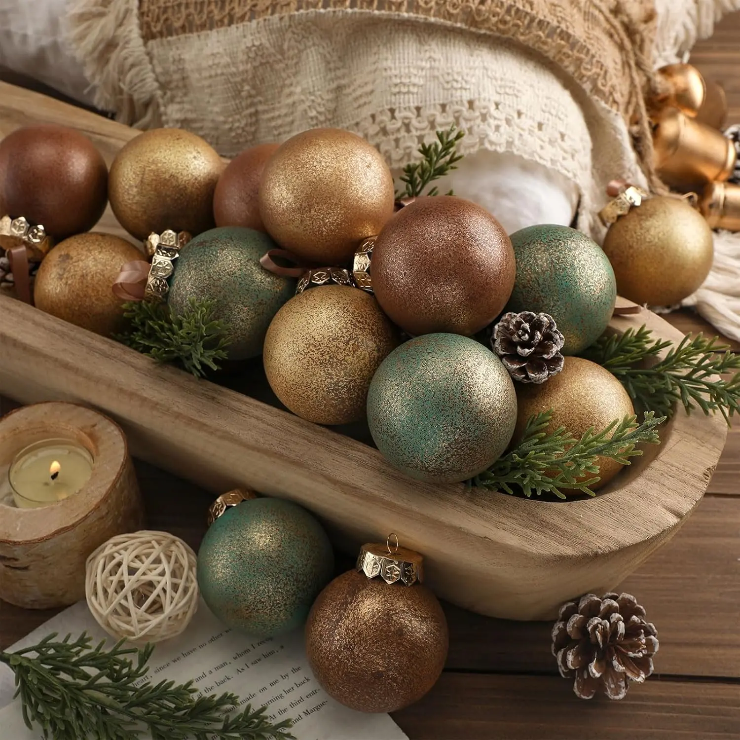 24 count Neutral Textured Christmas Ball Ornaments 2.36''  Christmas Tree Decor Rustic Distressed Ornaments with Loop Shatterproof  Ball for  Xmas Decor (Nostalgic Color)