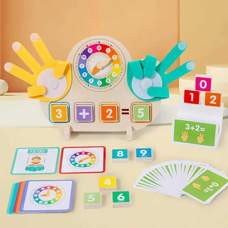 Interactive Wooden Clock Early Years Learning Toy - Math Skills Finger Counting Tool, Time-Recognition Educational Toy, Easter-Christmas Kids' Charming Gift with Rotatable Clock Hands, Learning Tool, Clock Finger Counting
