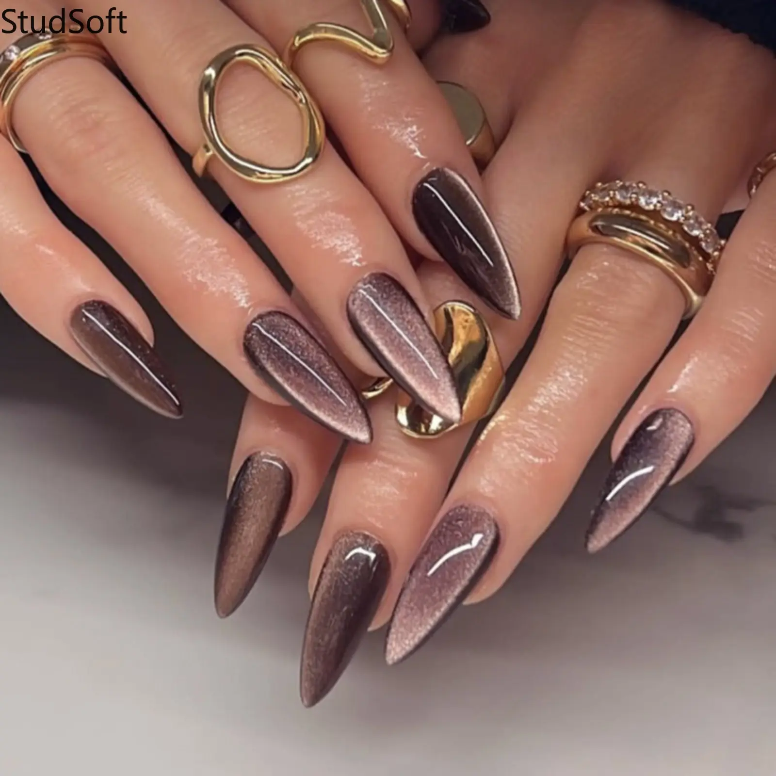 24PCS Brown Cat Eye Press on Nails Magnetic Fake Nails Full Cover Long Stiletto Shimmer Espresso Color Artificial False Fingernails Y2K Grunge