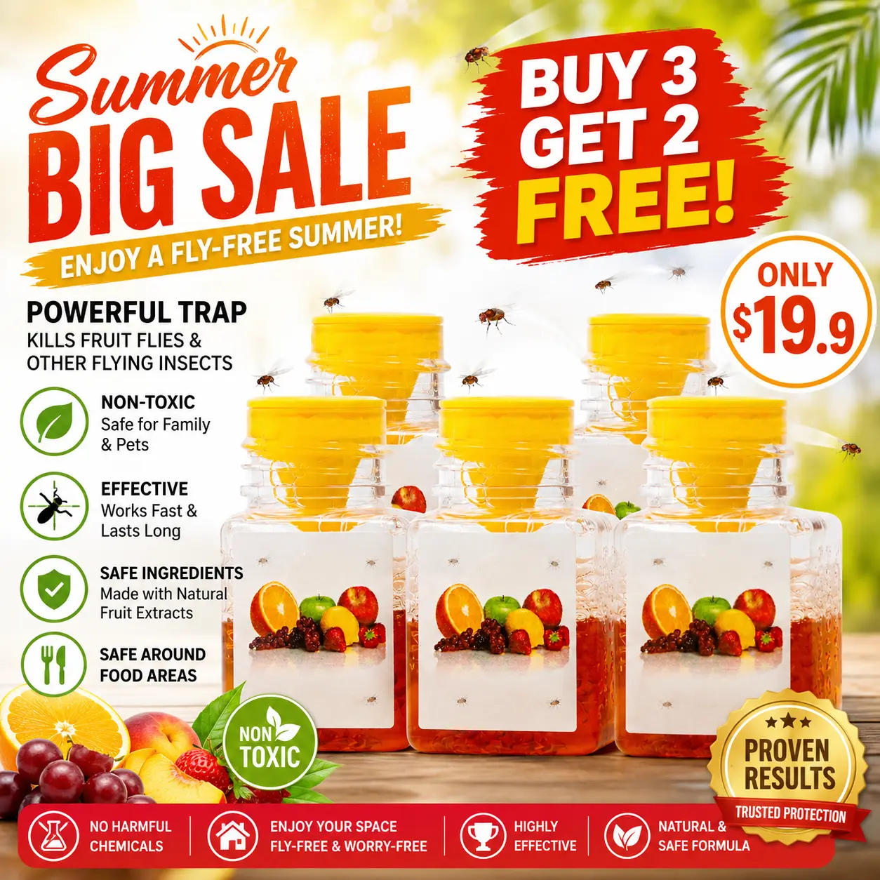 [Buy 3 Get 2 Free] – Fruit Fly Traps 5 Bottles Value Pack, Natural Liquid Bait Fly Catcher for Kitchen & Trash Bins, Summer Essential, Safe for Kids & Pets