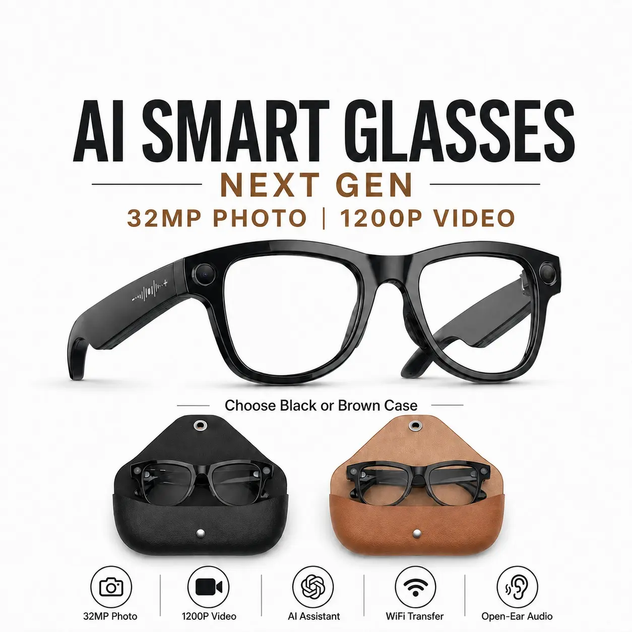 2026 New  Smart Travel Glasses, 32MP photo 1200p Video Recording, 3 Detachable Lenses Included, Qwen ChatGPT AI Voice Wake-Up Real-Time Translation Voice Assistant & Premium Genuine Leather Fast Charging Case, IP65 Dustproof