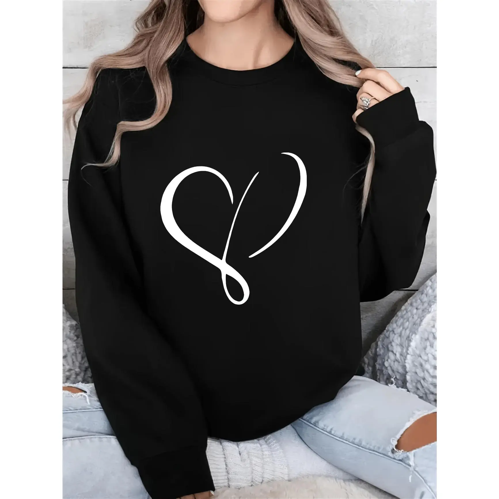 Minimal Infinity Heart Graphic  Cotton Sweatshirt, Cute Simple Outfit Fashion Top, Best Valentine’s Day Gift For Her, Perfect Holiday Present For Family & Loved Ones