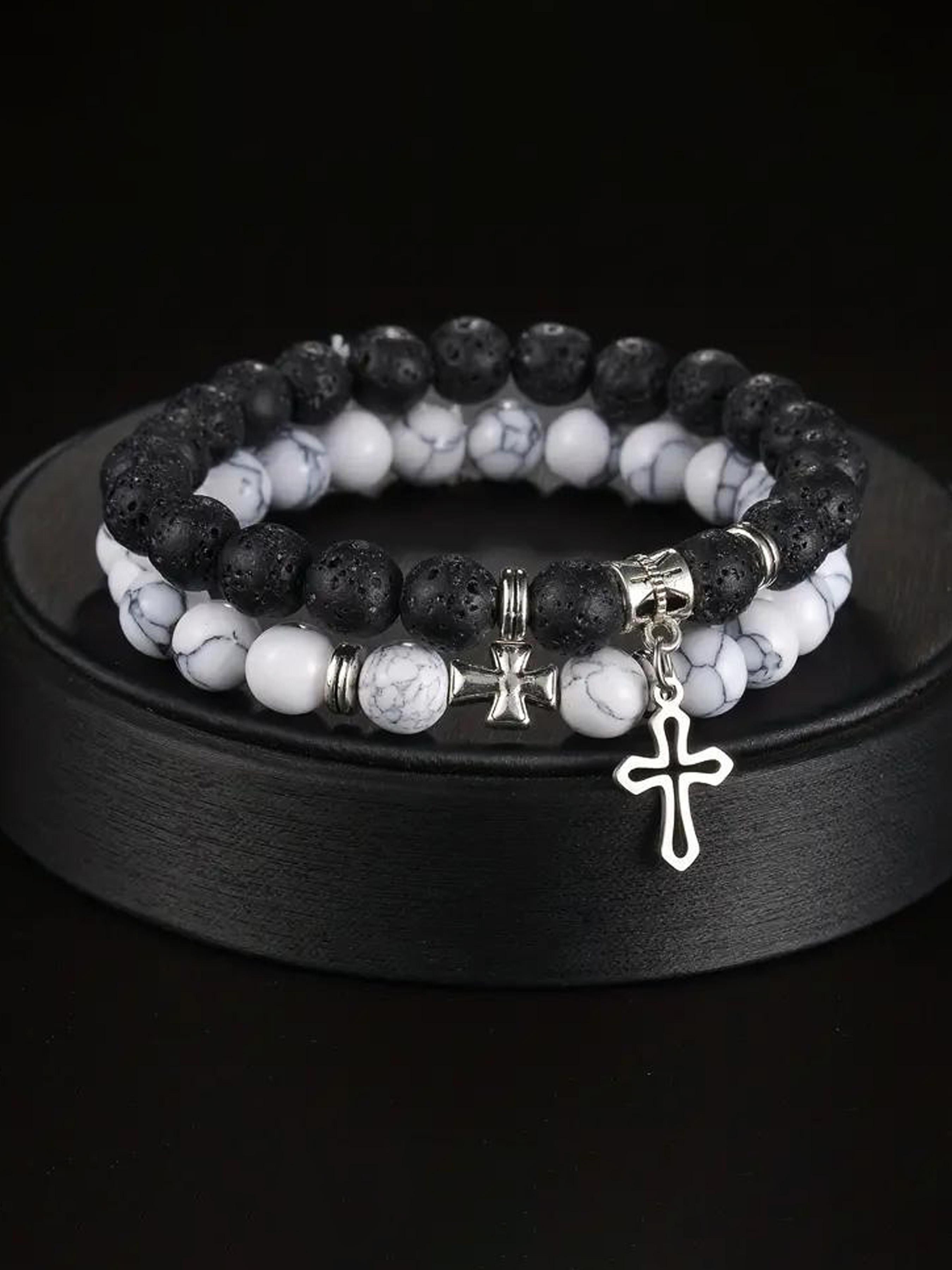 Stone & Cross Charm Decor Beaded Bracelets Set, Fashionable Jewelry for Women & Men, Trendy All-match & Exquisite Jewelry for Birthday Gift, Stackable Bracelets
