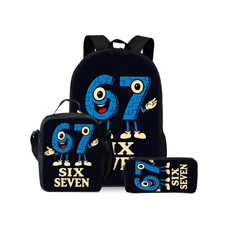 The three piece set of digital 67 cartoon printed School Backpack includes lunch bag and pencil case Backpack for school