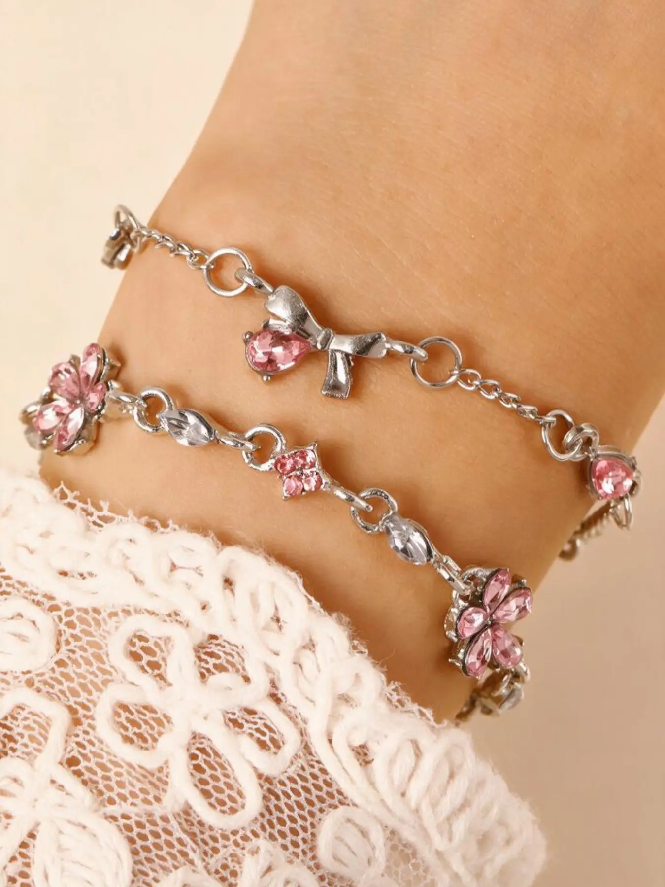 10pc 16pc Clear Water Drop Zircon Double Layer Flower Bracelet, Girl Heart Bow Rhinestone Best Friend Set Accessories