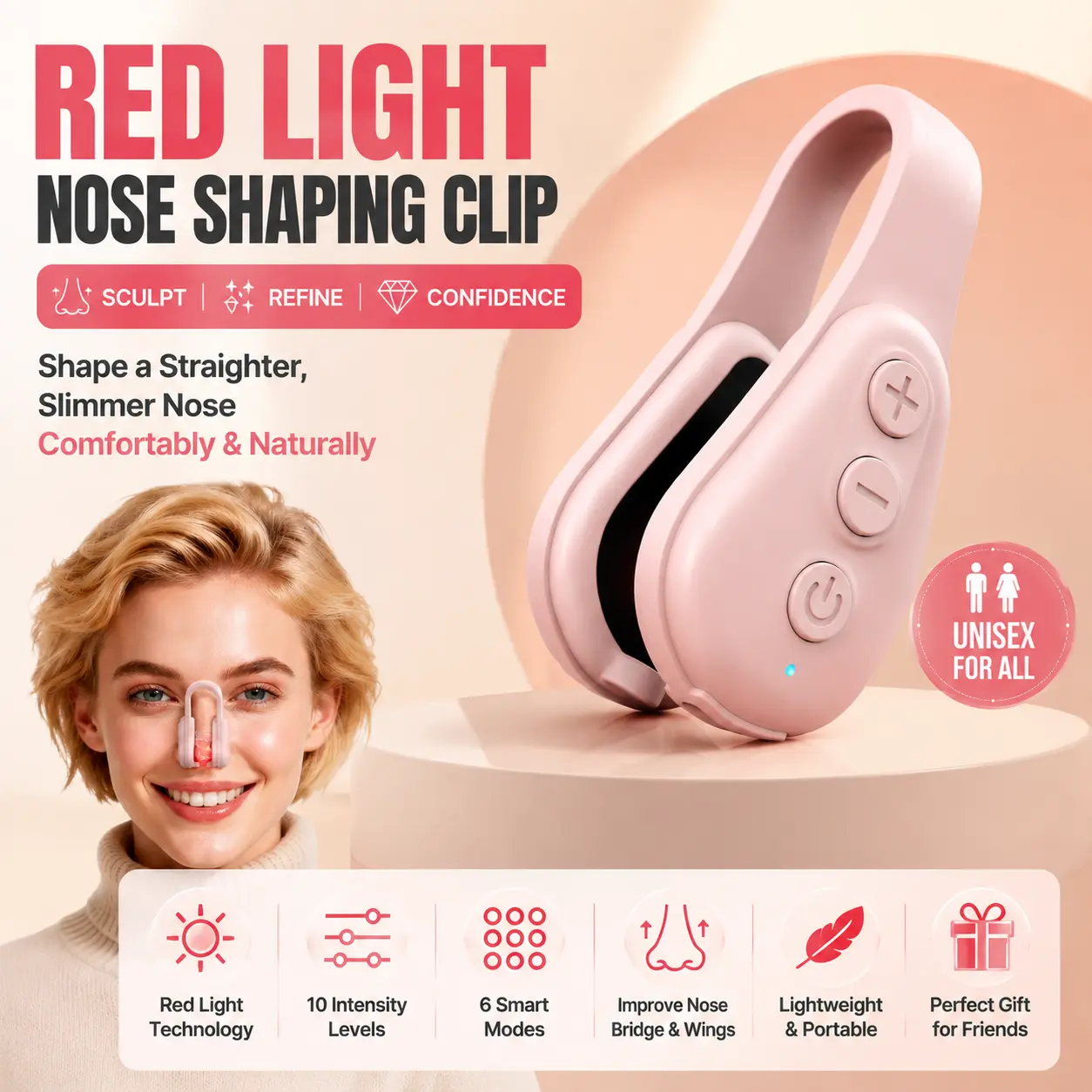 Red Light Nose Contouring Clip for Women & Men, Advanced Nose Bridge Shaping Device with Multiple Modes, Adjustable Strength Settings, Lightweight Design for Home Beauty Routine and Travel Use