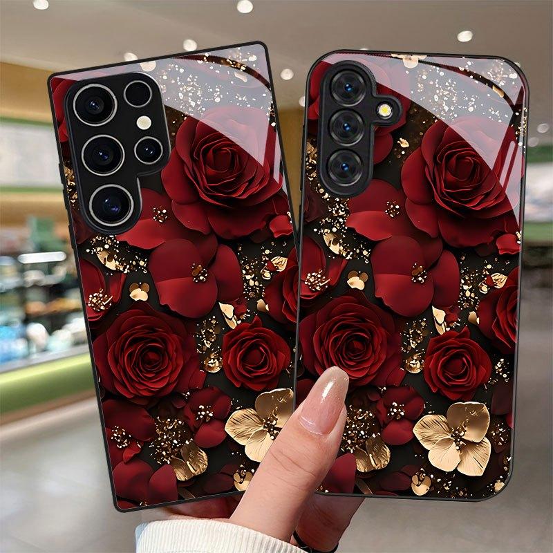 Stylish Tempered Glass Protective Case with a Rose Flower Design for Various for Samsung Galaxy S26 S25 S24 S23 S22Pro S21 S20 Fe Plus Ultra Pro A56 A55 A54 A53 A52 A51 A36 A35 A34 A32 A26 A25 A24 A23 A16 A15 A14 A06 A05 A03s, Offering Anti-Drop Features