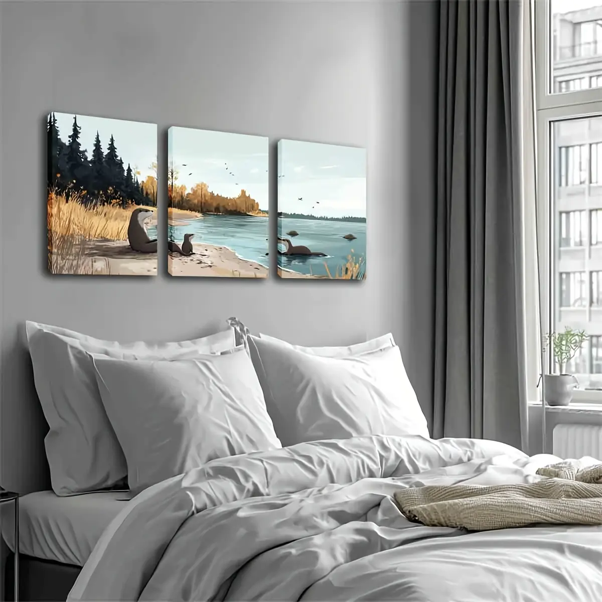 2D Flat Print Wrapped Canvas Print Set of 3, Framed Artwork available in 12X16 Inch and 16X24 Inch, trendy prints with wooden frames showing a cozy scene of fluffy plump otters, ideal wall decorations for bathrooms, hospitals and similar indoor spaces