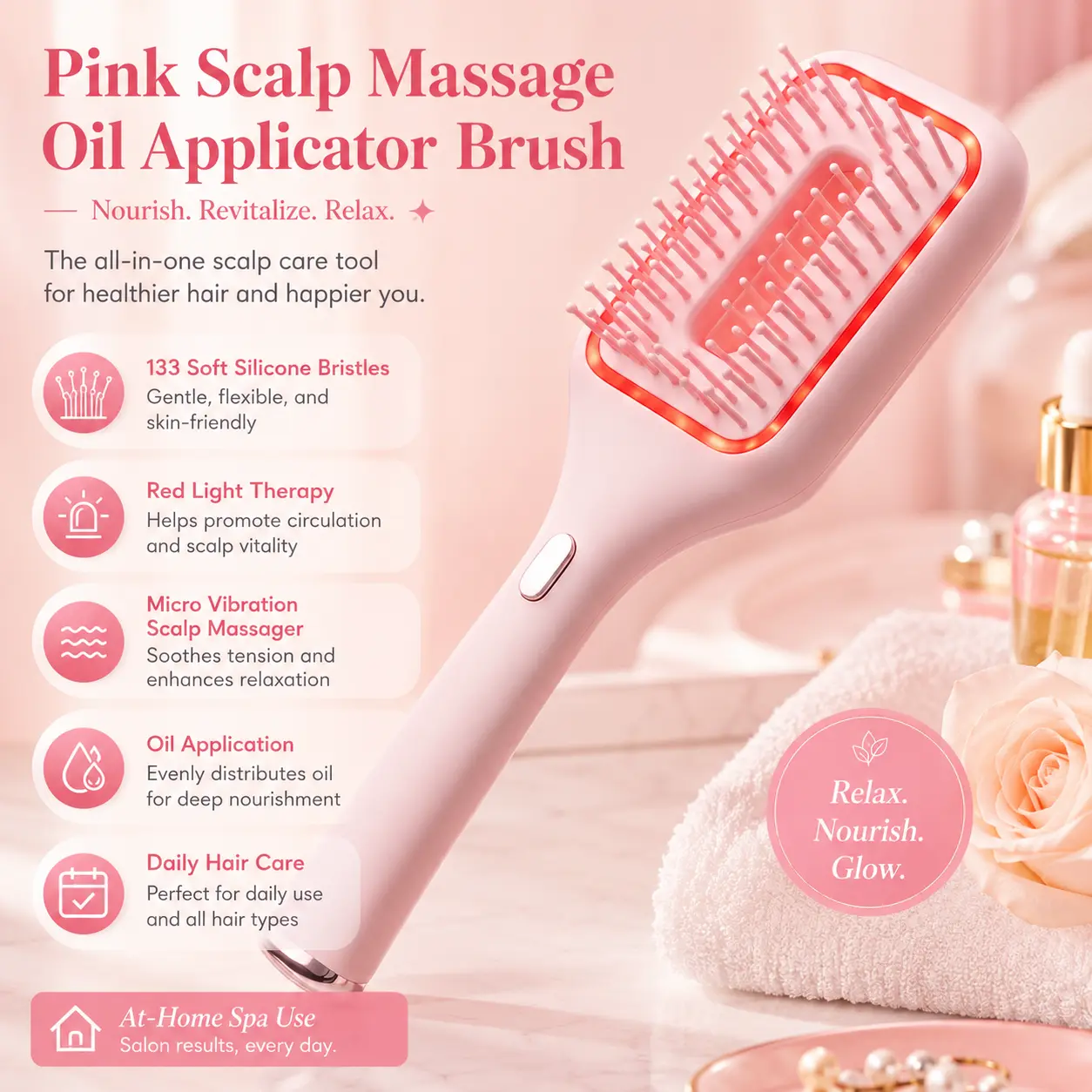 Pink Scalp Massage Oil Applicator Brush with 133 Soft Silicone Bristles, Red Light Therapy & Micro Vibration Scalp Massager for Oil Application, Relaxing Daily Hair Care Routine and At-Home Spa Scalp Care Use