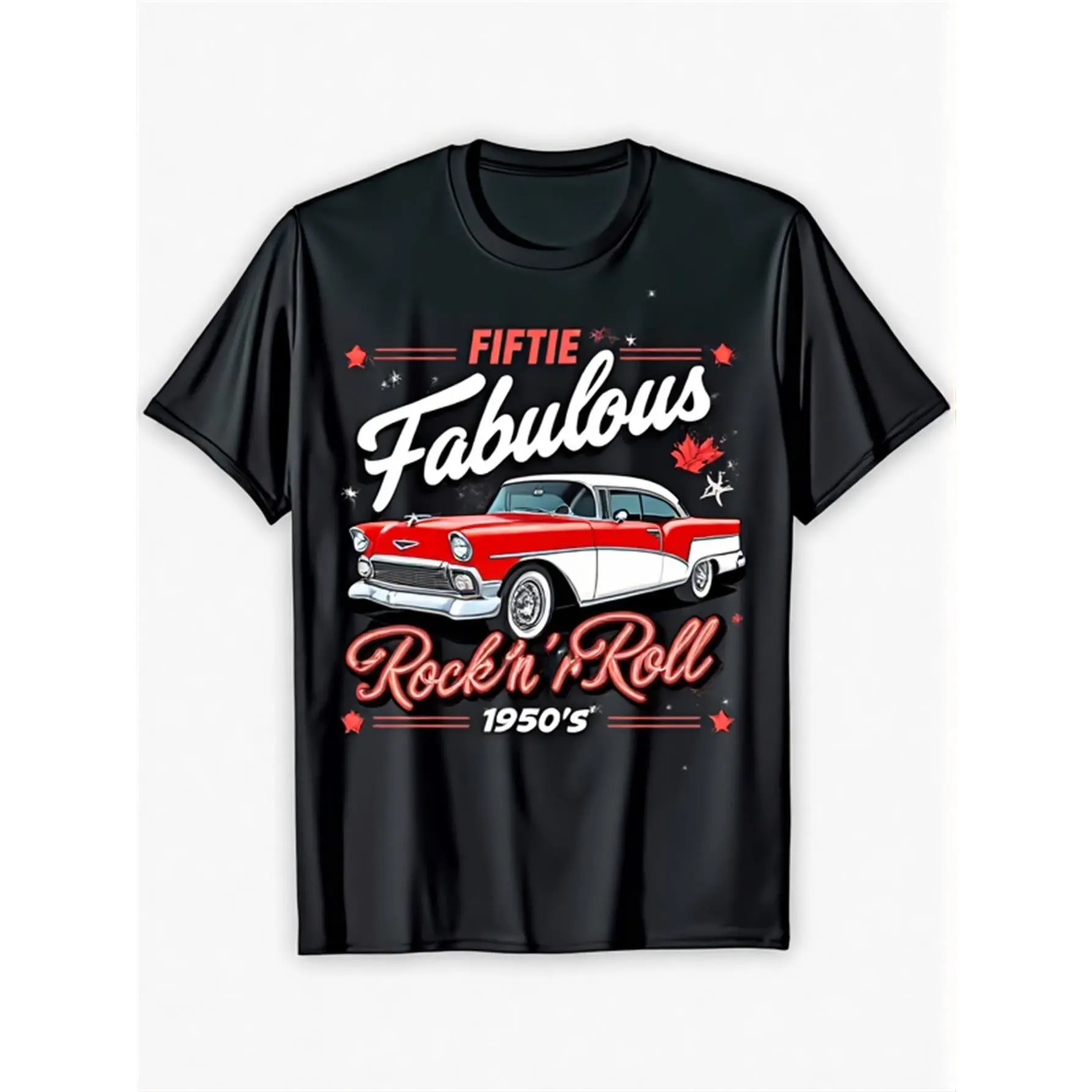 Unisex 1950S Rock 'N' Roll Short-Sleeve Casual T-Shirt Top Garment - Soft Red-Black Rockabilly Classic Car Turntable Design - S-XXXL 1950S Theme Party Outfit, Music Lovers' Birthday Gift, Tshirt, Shortsleeve, Cotton, Menswear, Round Neck, Elastic Fabric,,