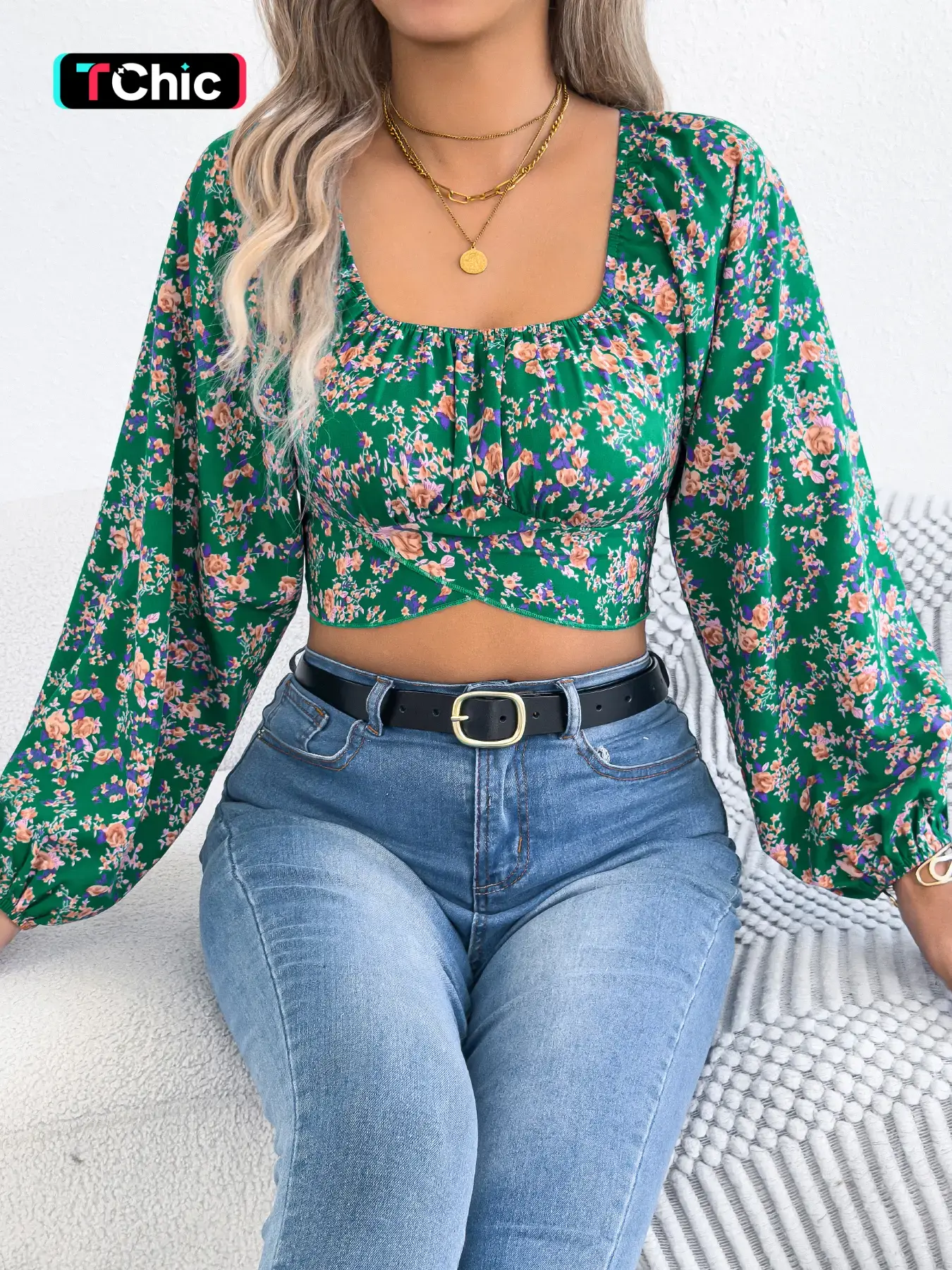 Women's Ditsy Floral Print Tie Back Asymmetrical Crop Blouse, Shirts, Bohemian Boho Style Bishop Sleeve Long Sleeves Square Neck Top for Spring & Fall, Women's Clothing for Daily Wear