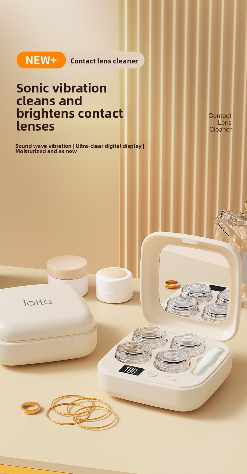 Ultrasonic Contact Lens Cleaner Rechargeable with Vanity Mirror - Portable Compact Case Hard & Soft Lens Compatible, 3 Deep Cleaning Modes, On-the-Go Daily Care Sanitizer for Travel Sports Office Home Use