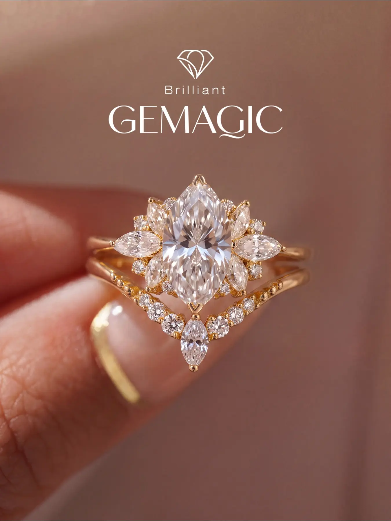 Marquise Cut Zircon Copper Ring Set for Women, Stackable Dual Band Ring With Floral Cluster Side Zircon Stones and V Shape Curved Band, Elegant Sparkling Statement Ring for Wedding Anniversary Party Daily Wear Fine Jewelry