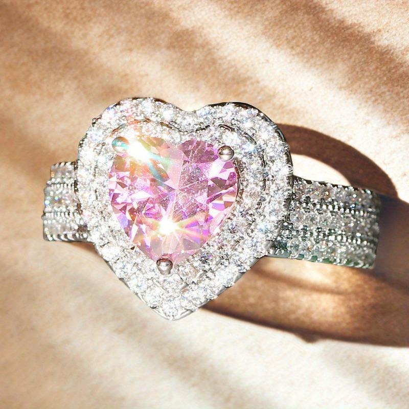 Gorgeous Luxury Pink Heart-Shaped Zirconia Ring, Romantic Anniversary Gift, Sparkling Delicate Wedding & Engagement Jewelry for Women