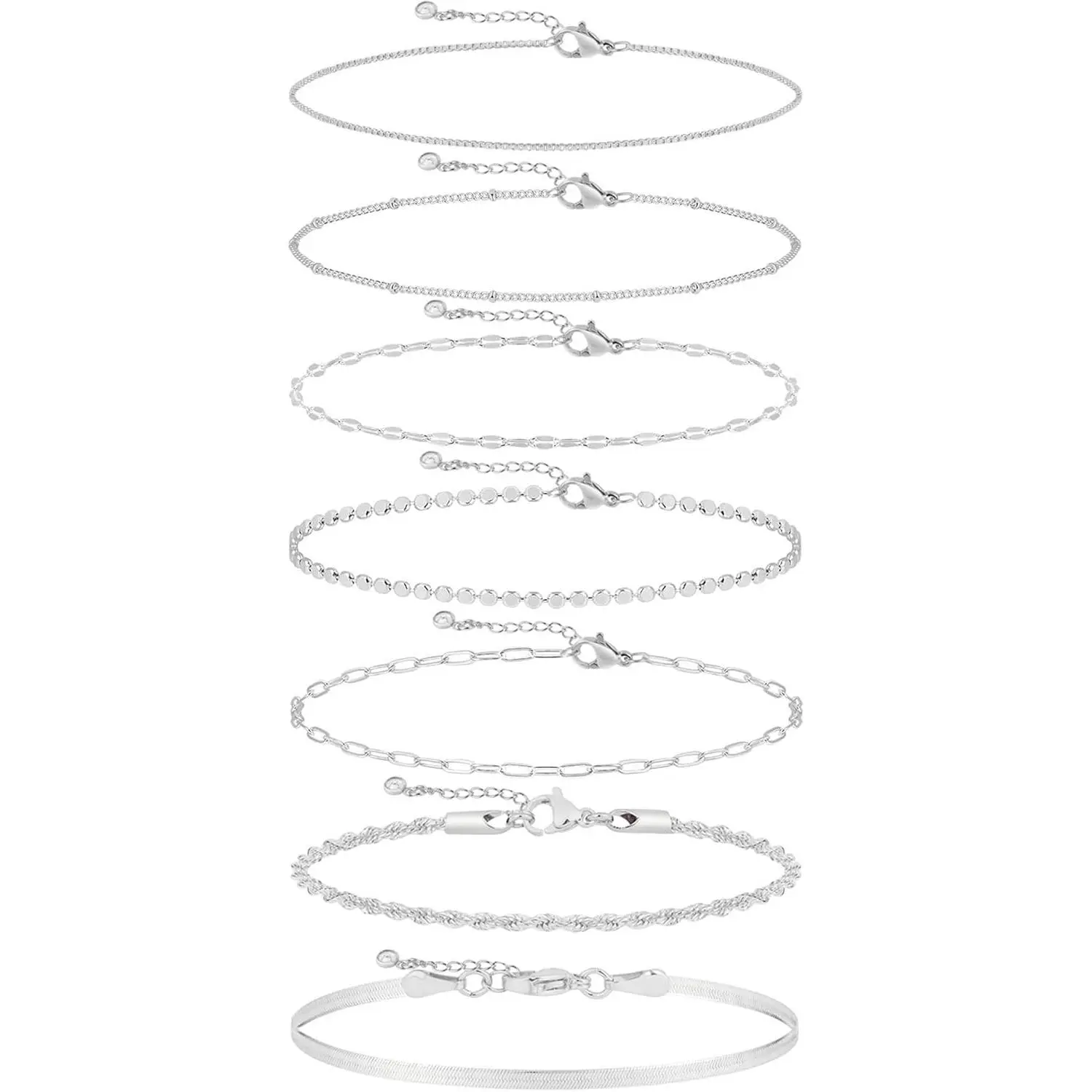 Kyerlyn Silver Bracelets for Women Trendy Waterproof Silver Dainty Bracelet Stack Adjustable Layered Bracelet Set Minimalist Fashion Jewelry