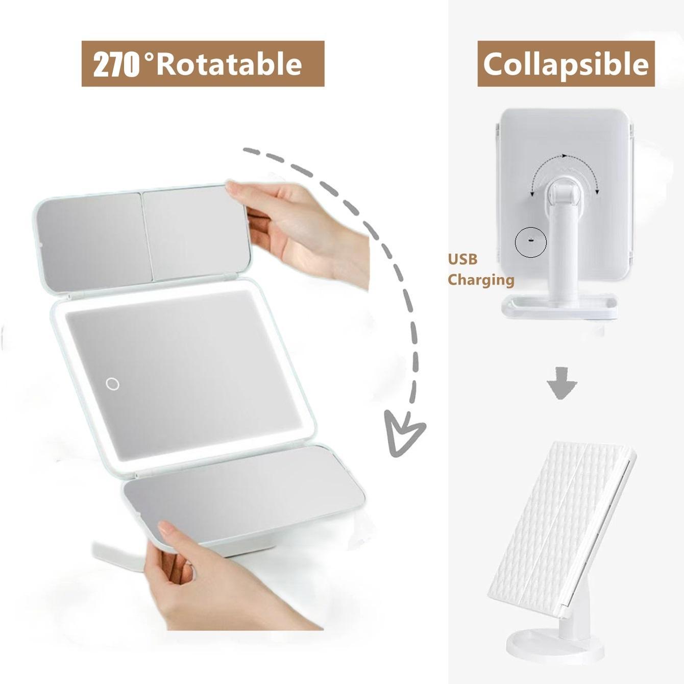 Portable LED Light Makeup Mirror, Lighted Makeup Mirror, Mirror with Lights, 3-fold Foldable Rechargeable Mirror with 2x 3x & 10x Magnification, Touch Control Mirror for Travel & Bedroom Use, Rechargeable Trifold Mirror #TOP PICKS