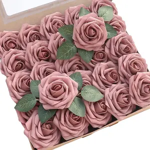 Artificial Flowers 25pcs Real Looking Dusty Rose Foam Fake Roses with Stems for DIY Wedding Bouquets Bridal Shower Centerpieces Floral Arrangements Party Tables Home Decorations