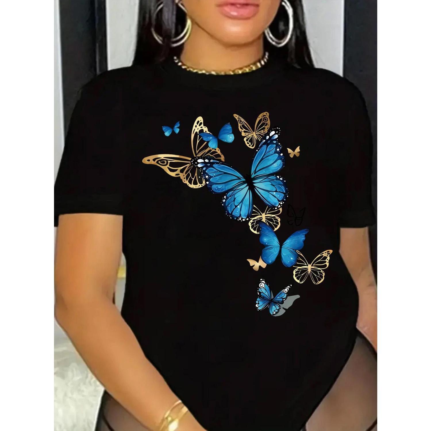 Elegant Blue Butterfly Pattern Cotton TShirt Perfect for Nature Enthusiasts