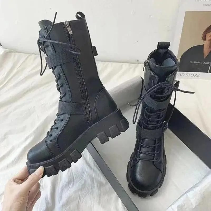 Punk Gothic Boots Anime Cosplay Motorcycle Long Knight Boot Women Black High Heel Shoes Halloween Costume Prop
