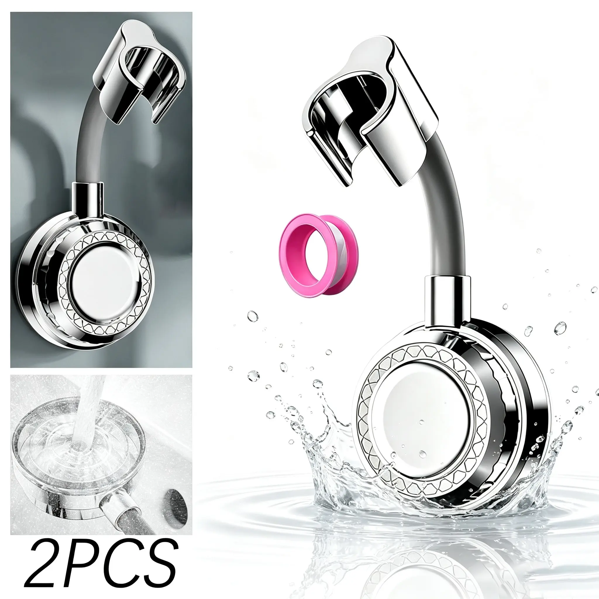 360° Rotatable Shower Head Holder, No-Drill Self-Adhesive Shower Bracket, Flexible Arm Handheld Shower Mount, Strong Adhesion, Bathroom & RV Use