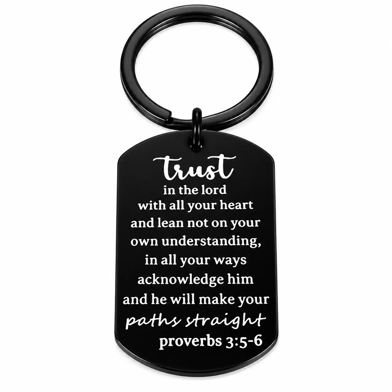 Matte Black Solid Stainless Steel Dog Tag Keychain, Deep Engraved Christian Proverbs 3:5-6 "Trust In The Lord" Scripture, Anti-Rust Smooth Finish, Inspirational Faith Reminder, Durable Religious Gift for Men-Women, Ideal for Baptism, Christmas, Daily Use