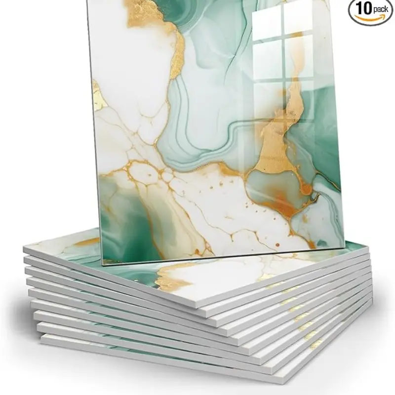 A set of 10 self-adhesive wall tiles, waterproof and moisture-proof PVC wall decoration, each tile is 11.8x11.8 inches, covering an area of 0.9 square meters. It is a ceramic tile sticker that resembles marble, suitable for kitchen and bathroom renovation