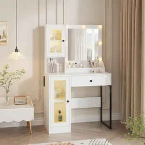 MDF Makeup Vanity Desk with Mirror & Dimmable LED Lights, 2 Drawers, 2 Acrylic Door Cabinets & Open Storage Compartments, Built-In Power Strip with USB Ports, Bedroom Dressing Table